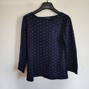 Ladies SZ S Lauren Ralph Lauren Navy Blue Silk Polka-Dot Sweater